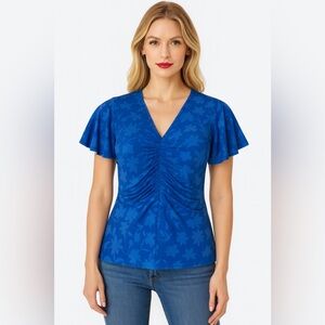 Michael Kors Grecian‎ Blue Floral Ruched V-Neck Flutter Sleeve Top P/XL
